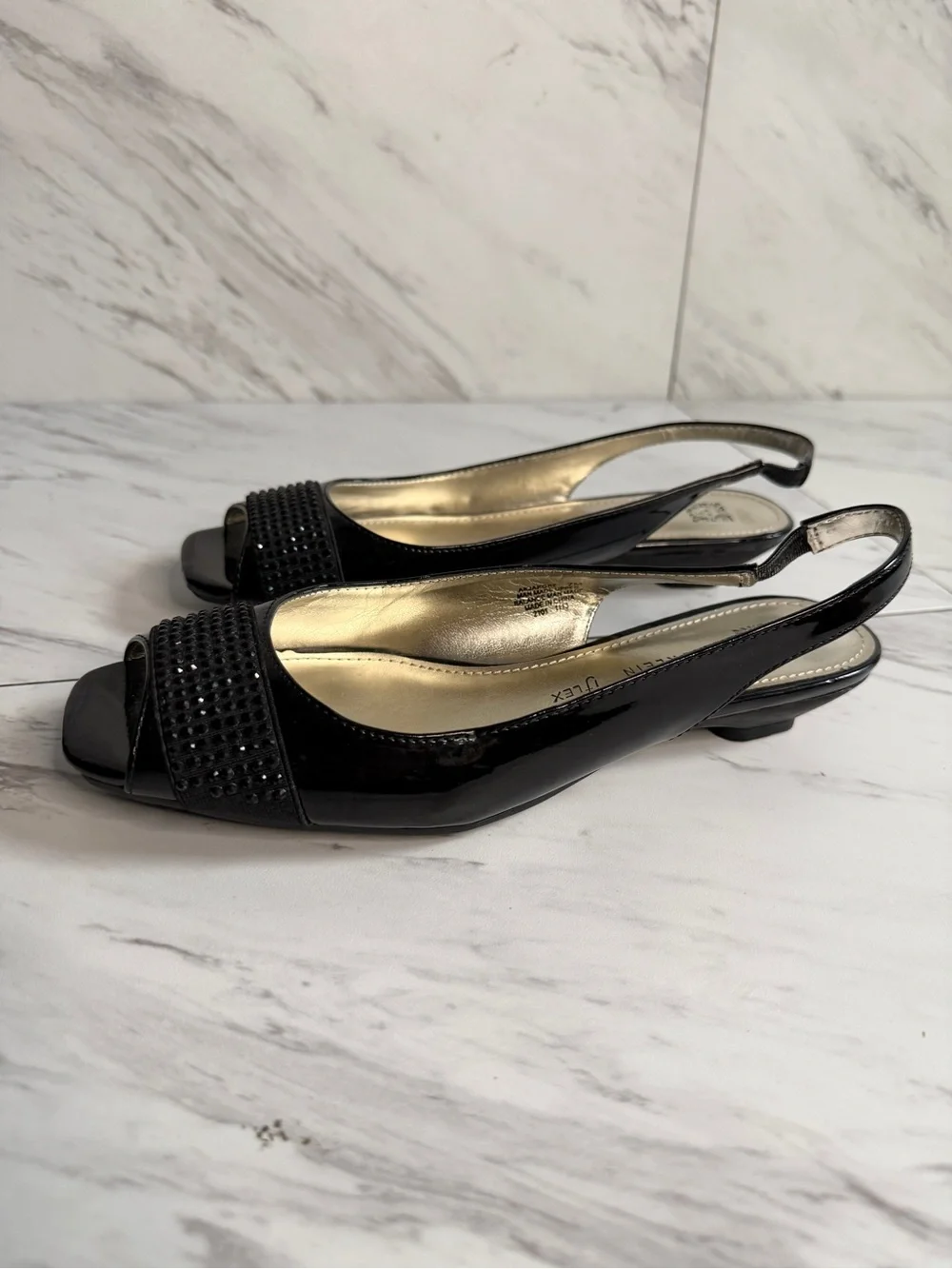 3/$50 Anne Klein Flex Jakobe Embellished Black Patent Slingback Flats Womens 7M